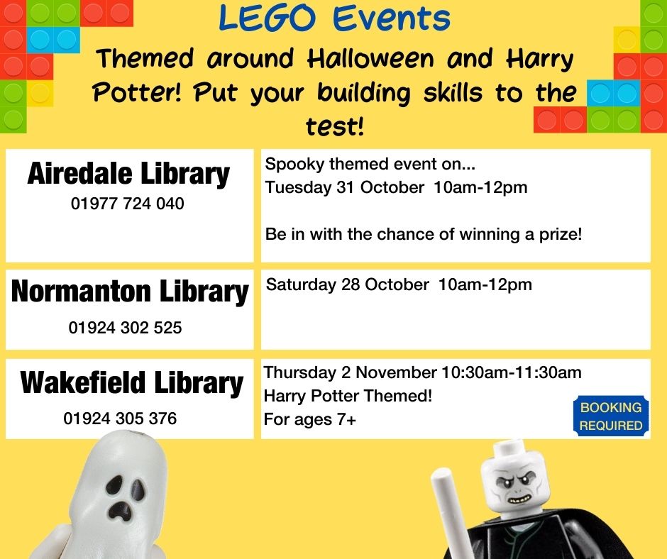 WFlibraries's tweet image. Join us for fun Halloween Lego events at #AiredaleLibrary, #NormantonLibrary and #WakefieldLibrary!
Put your building skills to the test!
Please ring to book onto the Wakefield session!
#Lego #halftermfun #HarryPotter #thingstodo #legoclub