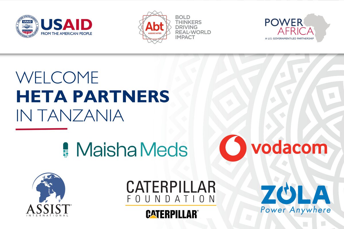 Welcome new #HETA partners supporting #EnergyAccess &amp; #DigitalConnectivity for #Healthcare in Tanzania 👏

@ZOLAElectric
<a href="/MaishaMeds/">Maisha Meds</a>
<a href="/CaterpillarInc/">CaterpillarInc</a>
<a href="/assistintl/">Assist International</a>
<a href="/Vodacom/">Vodacom</a>

HETA is led by <a href="/AbtAssociates/">Abt Associates</a> w/ partners across #SubSaharanAfrica 🌍

🔴 LEARN MORE: ow.ly/A8xu50PTkAj