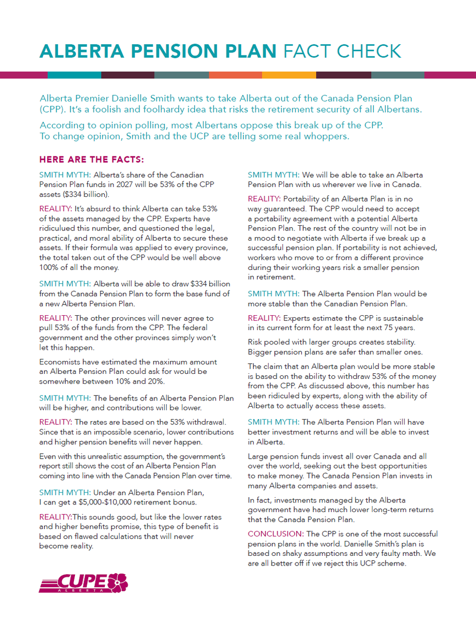 CupeAB's tweet photo. "Smith Myths" and actual facts about the Canada Pension Plan and the UCP plan to tear it up.

#Alberta #CPP #ableg #abpoli #yyc #yeg #calgary #edmonton #yql #reddeer #cdnpoli https://t.co/4TpqyFPx2Z