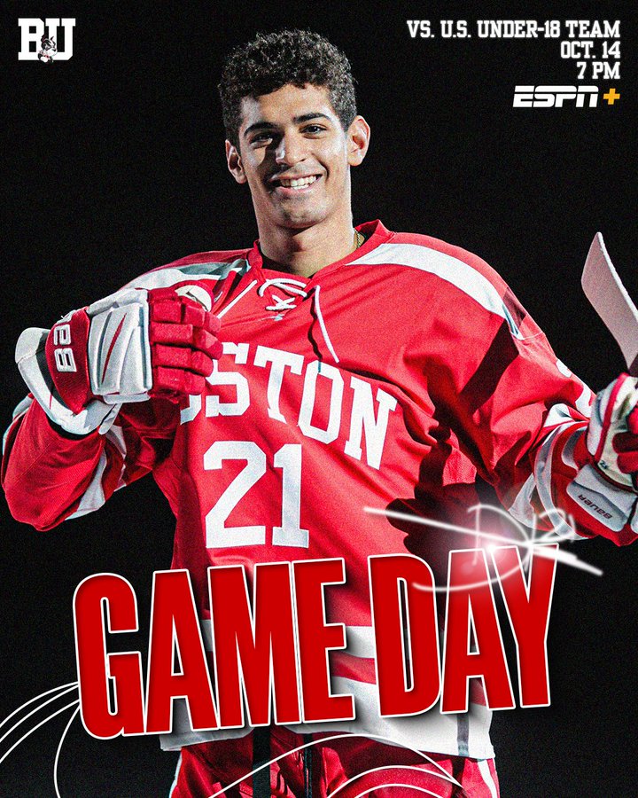 Game Day graphic featuring posed photo of Devin Kaplan smiling in red BU uniform. BU vs. U.S. Under-18 Team, Oct. 14, 7 PM on ESPN+.
