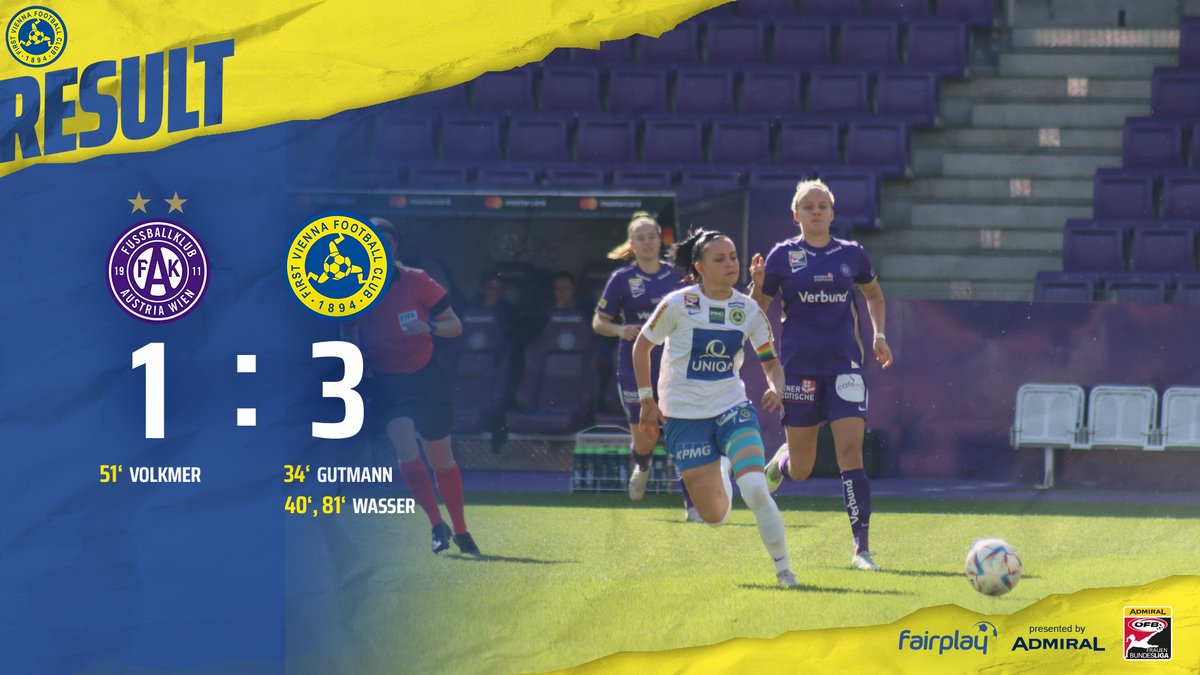 DERBYSIEGER! 💙💛 Wir gewinnen auswärts gegen FK Austria Wien Frauen und bleiben die Nummer 1️⃣ der Stadt! 🔥

#ViennaFamily #FrauenPower