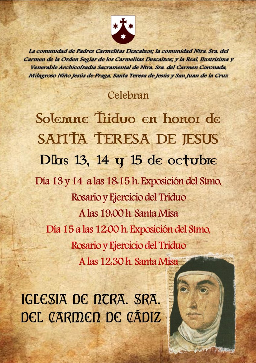 Hoy seguimos celebrando el #triduo en honor a #SantaTeresa a partir de las 18.15 h. Y la misa aas 19 h. A su término se celebrará un Acto de Oración Misionera ante la Santísima Virgen del Carmen, oficiado por el director espiritual, el Rvdo. P. Fr. Ángel Norberto Palomino.