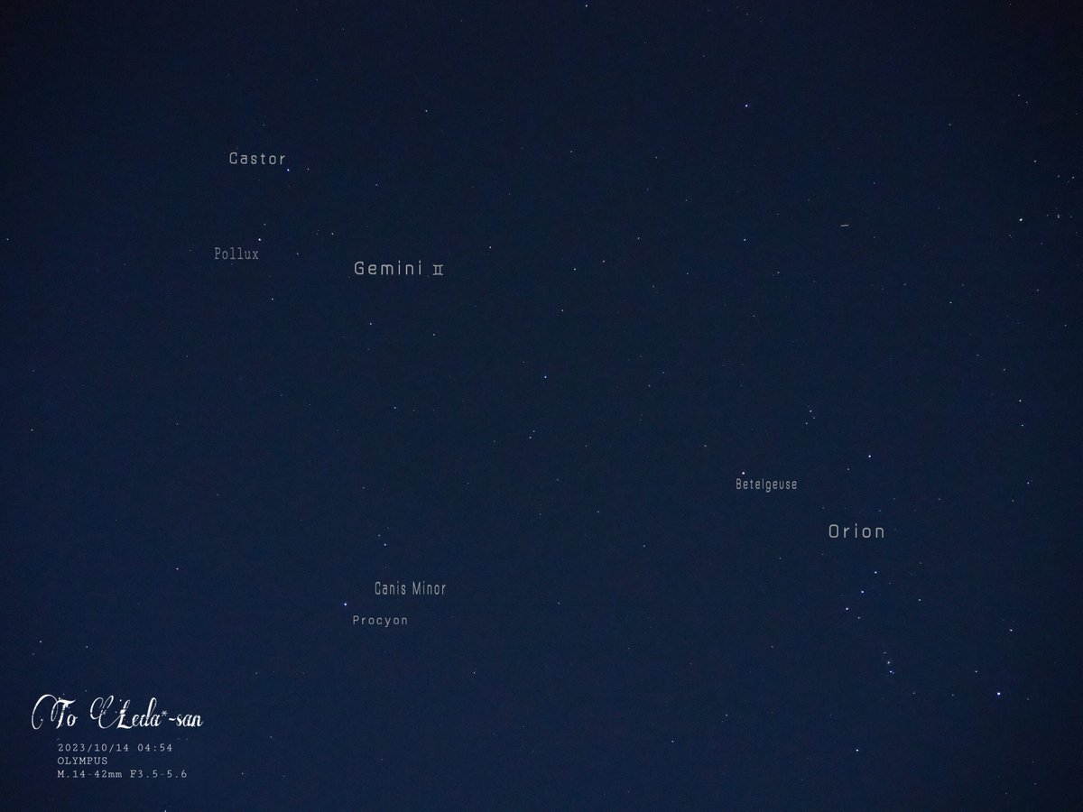 roseleonliliy78's tweet photo. 🌟2023/10/14✨旧暦:8/30
🌹撮影📸🔭04:54

左上
双子座(♊︎)#Gemini
#Castor🌟
#Pollux🌟

オリオン座 #Orion
#Betelgeuse 🌟
#Rigel🌟
 
こいぬ座 #CanisMinor🐶
#Procyon🌟

🔭📸✨(*´˘`*)ꀿªᵖᵖᵞ˚❁｡.･🌸💗🦢l https://t.co/WvWVunvUOI
