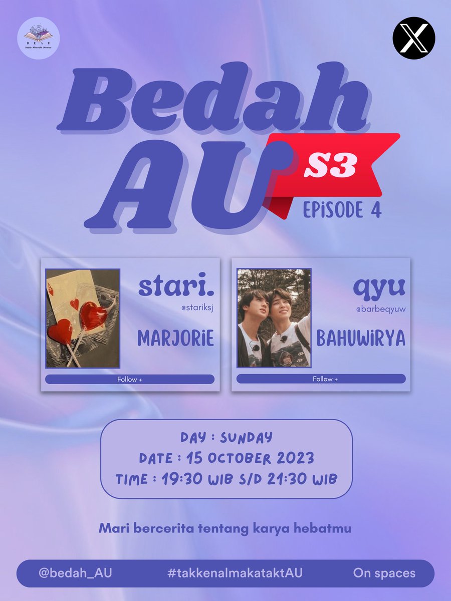 bedah_AU's tweet photo. Malam, Bealove😍
Siapa yang udah nggak sabar untuk dengerin space Bedah AU besok malam? Kalo Minbi sih udah nggak sabar banget untuk dengerin dua cerita favorit dari author kesayangan @stariksj dan @barbeqyuw 💜
Catat jamnya supaya kamu enggak ketinggalan seruannya! See you 🥳 https://t.co/iqCOKnYhfb