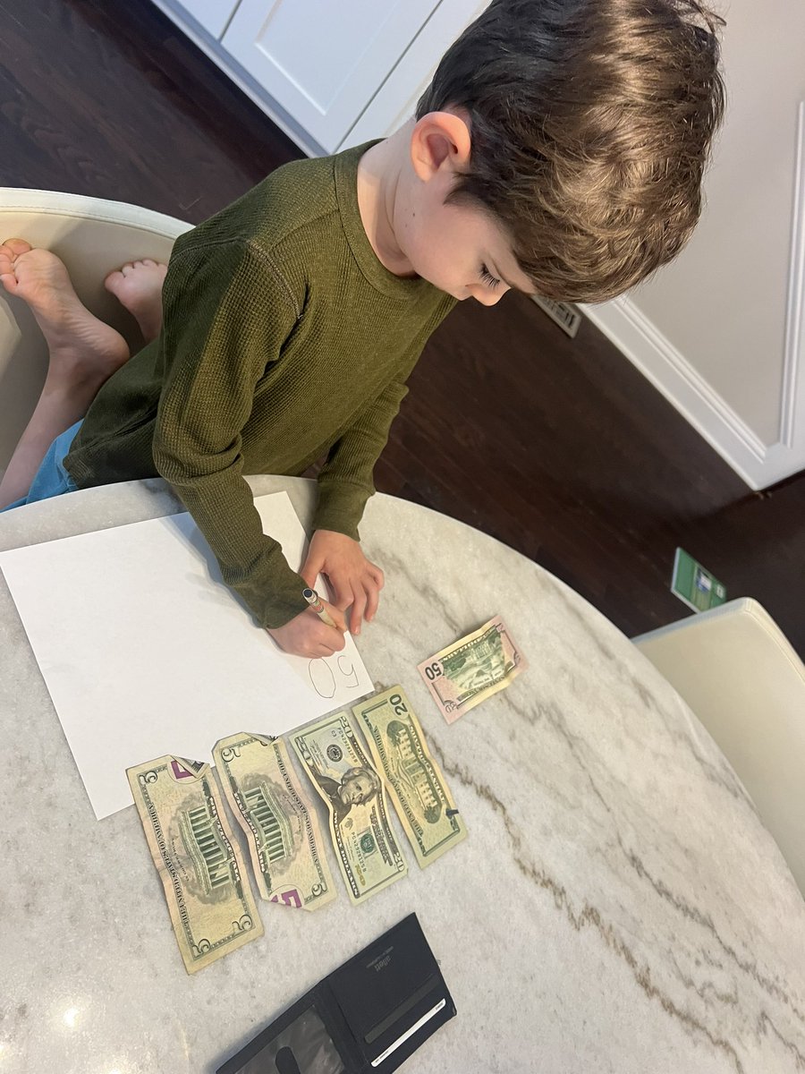 sweatystartup's tweet photo. My 6 year old is very into drones.

He has been saving up money for 3 weeks to buy one.

He gets $5 per day if he:

1) makes bed
2) brushes teeth
3) gets dressed for school
4) brush hair
5) puts clothes in hamper
6) eats his dinner
7) cleans up before bed
8) gets pajamas on
9) brushes teeth

This morning we go and get the drone. The 4 year old wants to buy a trumpet.

They had to work an extra day to earn enough to give away some money and still buy their toys.

That was a tough lesson.

Next year we learn about taxes and saving.