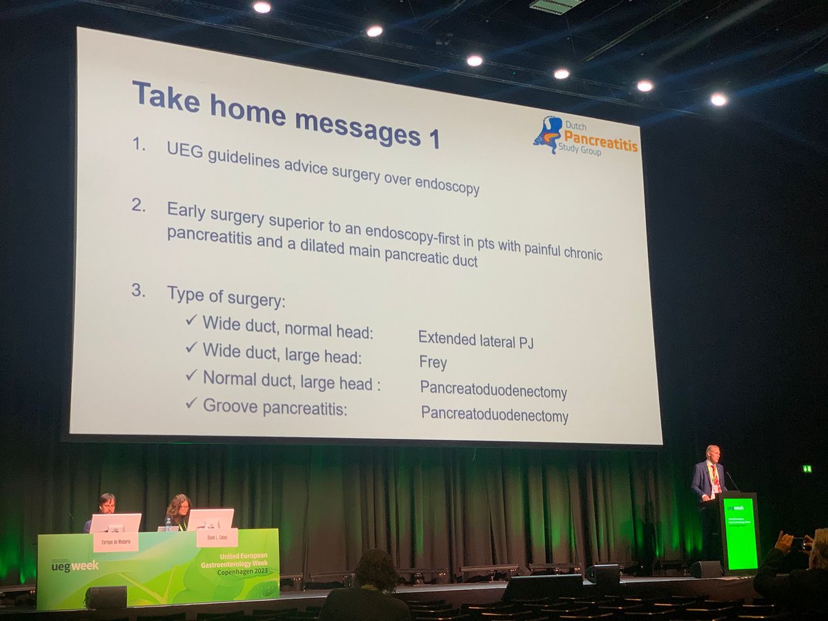 @EAHPBA meets @my_ueg: Excellent PGT course #UEGweek #Copenhagen🇩🇰 5k participants in an 11k meeting 🤩 PGT talk on wide duct morphine-dependent #Chronic #Pancreatitis: 🔑 Multiple RCTs: #Surgery superior✅ to #endoscopy 🔑 New LTFU ESCAPE RCT: 1) endoscopic duct clearance did…