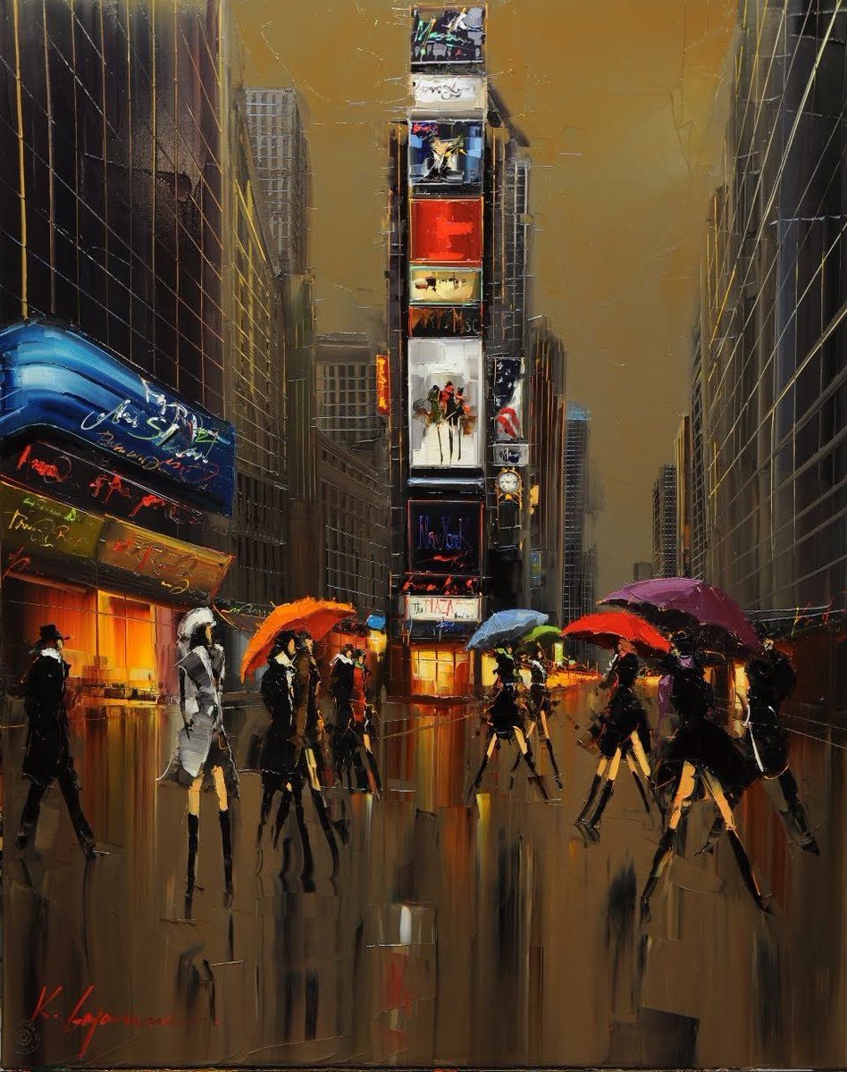 Walk in the rainy day. NYC.    Painting by Kal Gajoum.