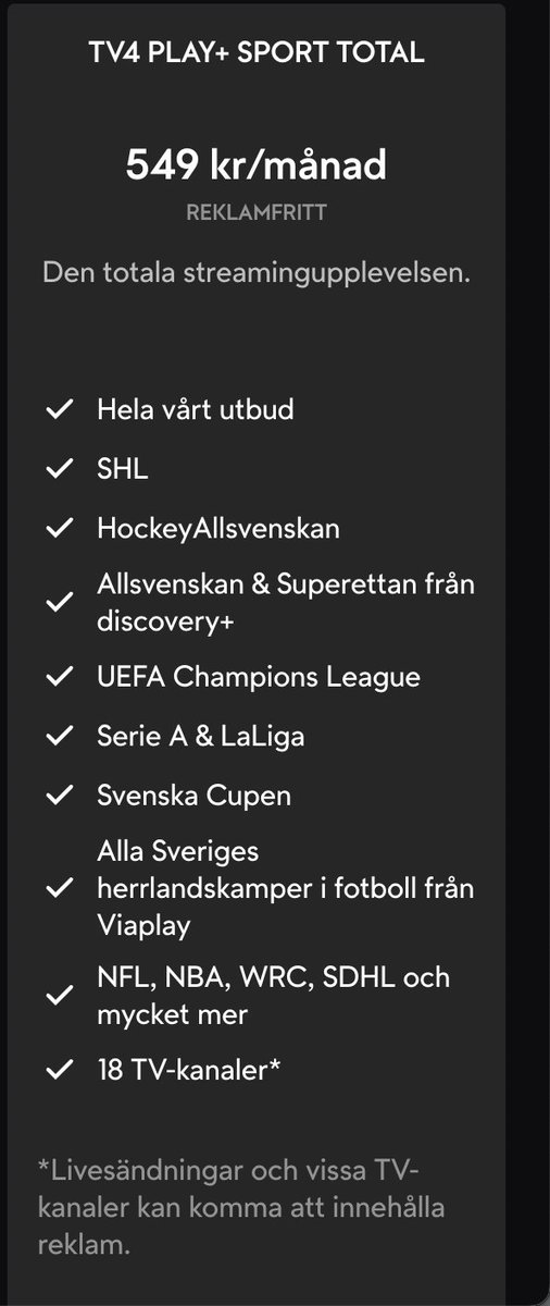 ThewhyC's tweet image. Som att betala för en ny Maserati när man bara behöver ett nytt reservdäck till Volvon. 
Vill ju bara kolla på SHL inget av det andra skulle jag ens fundera på att betala för!

Vad är detta för jävla upplägg @TV4?