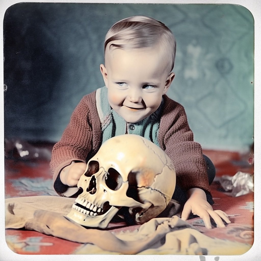 Gm! ✨💀✨

Just listed: 

Playtime
“He just loves his new toy!”

1/1
10 xtz

#childhood #mementomori #tezos 
#family #fauxtographs 

Link🔽
