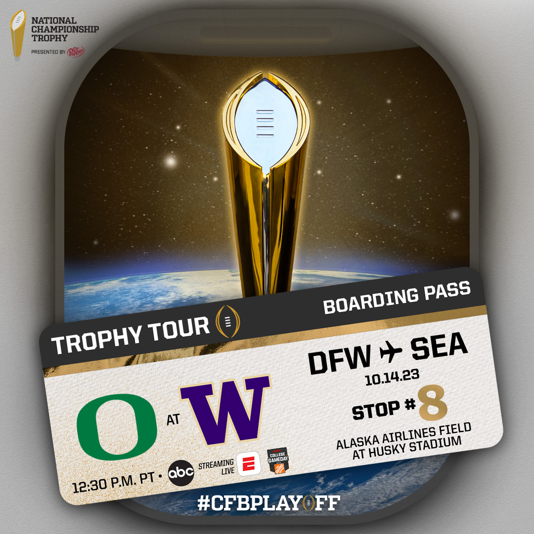 The #NationalChampionship Trophy is spending Saturday in Seattle for a clash between unbeaten teams in the @pac12! 🏆 #CFBPlayoff Trophy Tour 🏈 @oregonfootball at @UW_Football 📅 Saturday, October 14 🕰 12:30 pm PT 🏟 Husky Stadium 📍 Seattle, WA 📺 @ABCNetwork 📱 @espn app