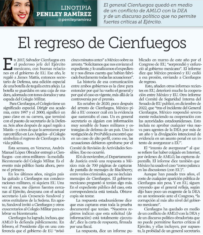 El regreso de Cienfuegos, por Peniley Ramírez @penileyramirez en @Reforma: En 2017, Salvador Cienfuegos era el poderoso jefe del Ejército mexicano, con buenas relaciones en el gobierno de EU. Ese año, le regaló a James Mattis, entonces secretario de Defensa, una edición especial