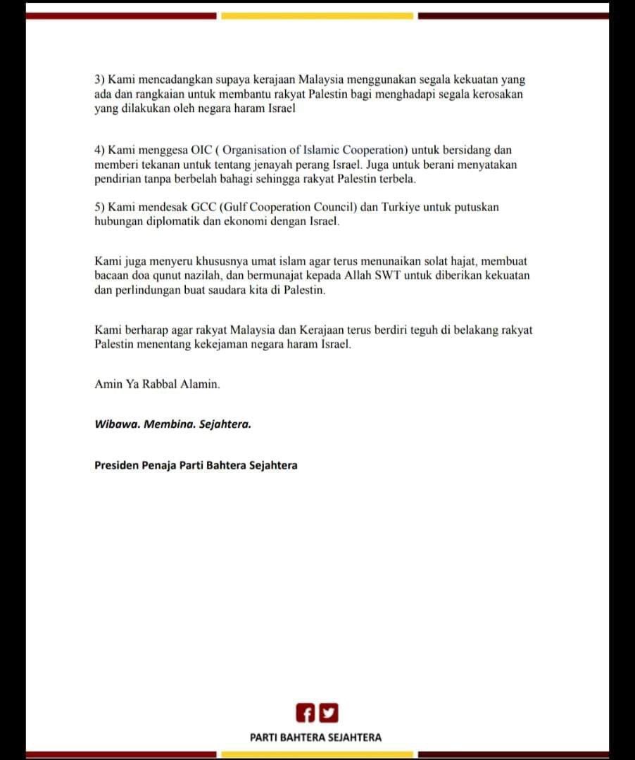 PartiBahtera's tweet photo. KENYATAAN MEDIA PARTI BAHTERA SEJAHTERA

14 Oktober 2023

BAHTERA menyokong perjuangan rakyat Palestin.

#IsraelCuak 
#Palestine https://t.co/5savlKxSP3