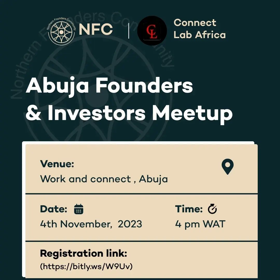 Connectlab_Afr's tweet image. 🚀 Startup Founders! Ready to pitch your innovative idea and gain valuable feedback? 🌟

Join us at
@NFCommunity_ on November 4th to connect with a network of seasoned investors across the continent. It&apos;s an opportunity you don&apos;t want to miss! ⏳

#AbujaTech #InvestorMeetup