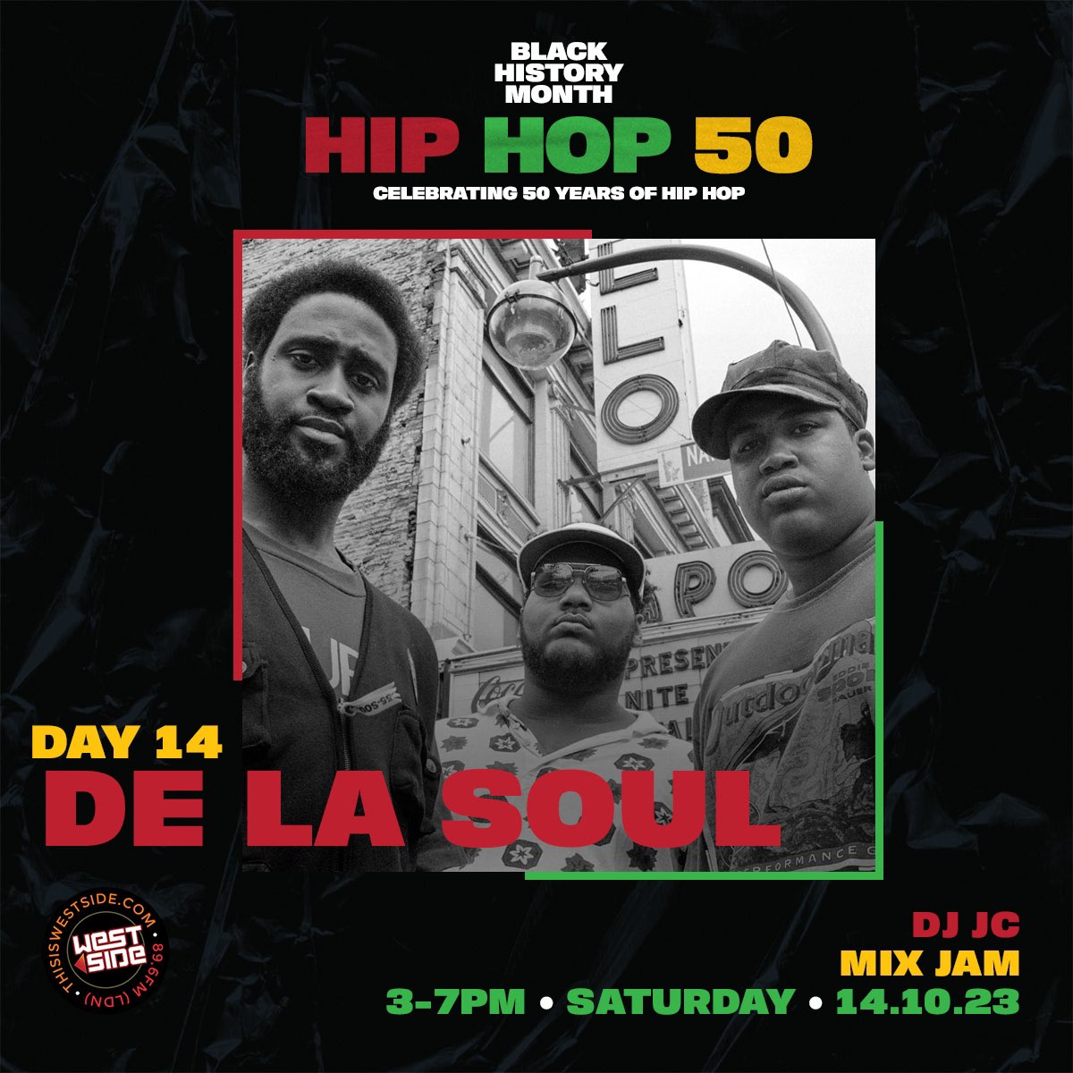 #BlackHistoryMonth Day 14 - Celebrating 50 years of Hip Hop with a tribute to the legends <a href="/WeAreDeLaSoul/">De La Soul</a> on the #MixJam w/ <a href="/DJJCLDN/">DJ JC</a> 3-7pm

🔊 thisiswestside.com | 89.6FM LDN