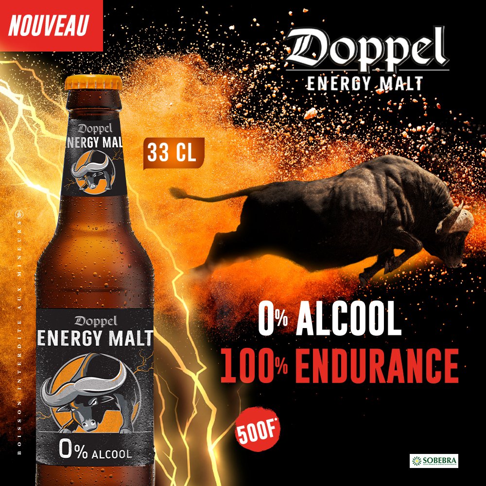 Découvrez la nouvelle Doppel Energy Malt, la boisson énergisante maltée sans alcool qui libère toute la puissance de Doppel.

Elle est désormais disponible en bouteille verre de 33cl au prix recommandé de 500FCFA et sur toute l'étendue du territoire.
#DoppelEnergyMalt #SOBEBRA