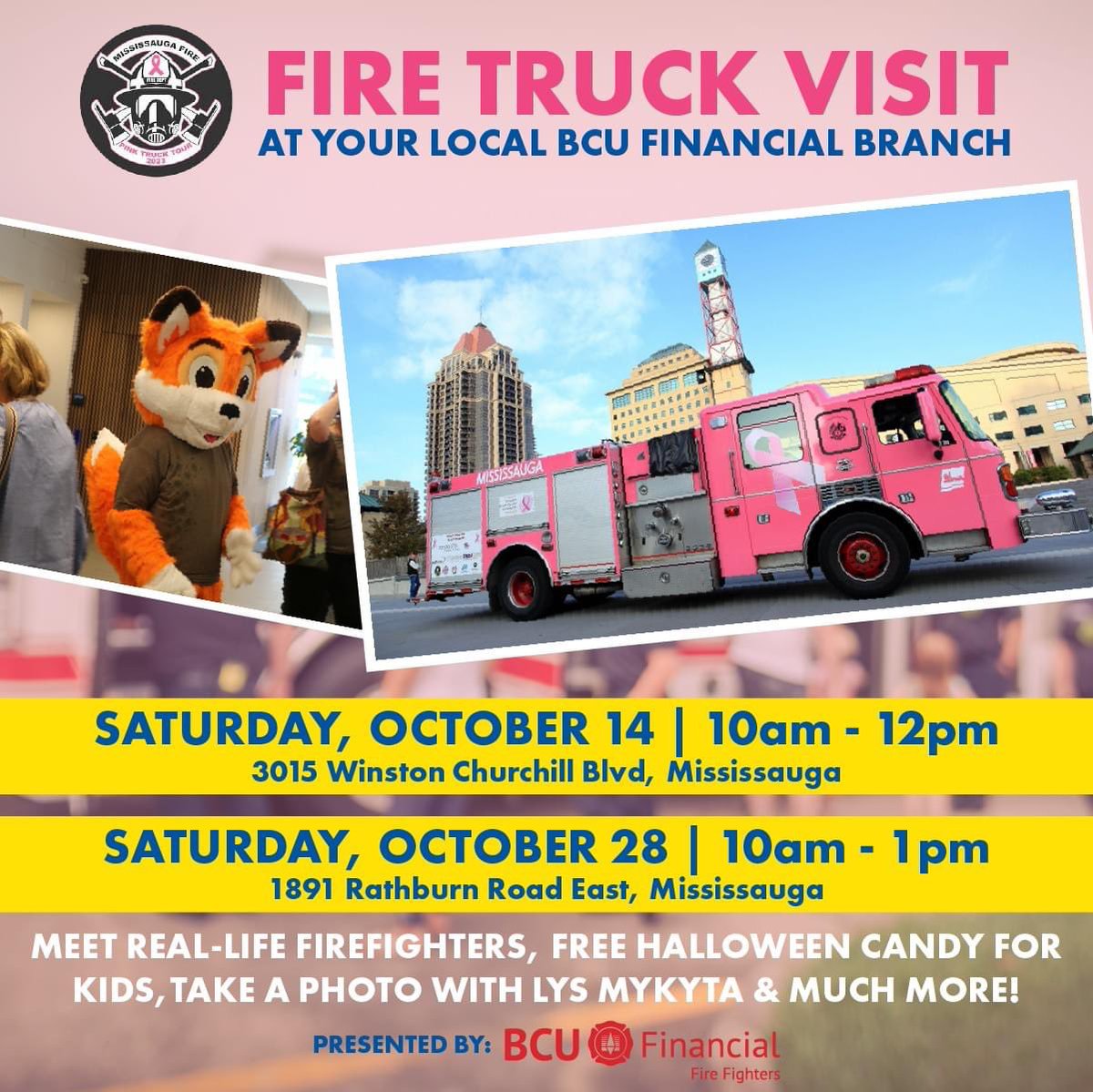 See you all at 10:00. Don’t miss <a href="/MFFA_Benevolent/">MFFA Benevolent Fund</a> Pink Truck Tour stop at our Winston Churchill location. Treats for the kids, pictures in an authentic Fire Truck with a Mississauga Firefighter and much more while supporting an important cause. #CancerResearch