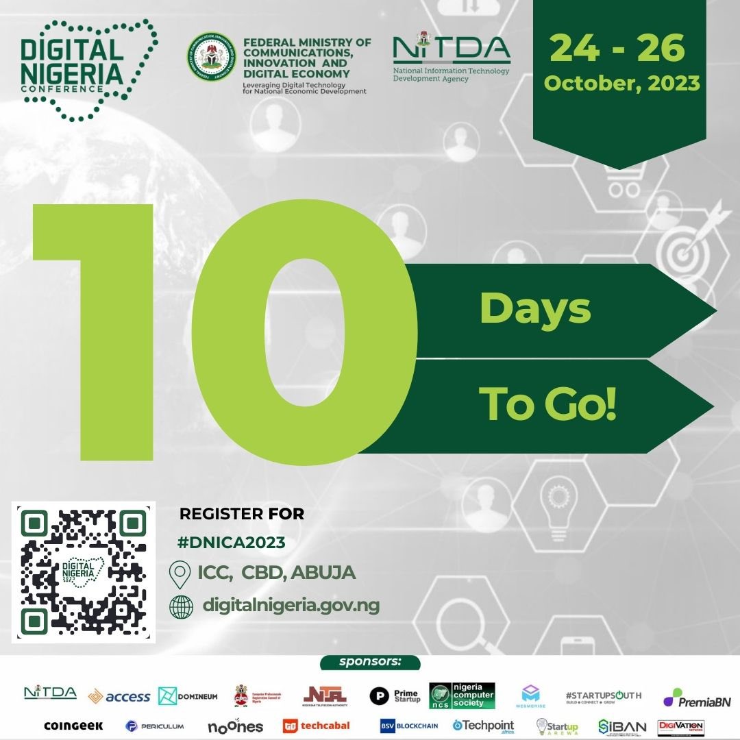 DigitalNigeria1's tweet photo. Countdown to the Digital Nigeria International Conference 2023!  
Have you registered yet?  
You don’t want to miss out on this exciting event.  Click on the link below to register: https://t.co/1kTVD5uV8Z  #DNC2023 https://t.co/lTBbzUj7Ol