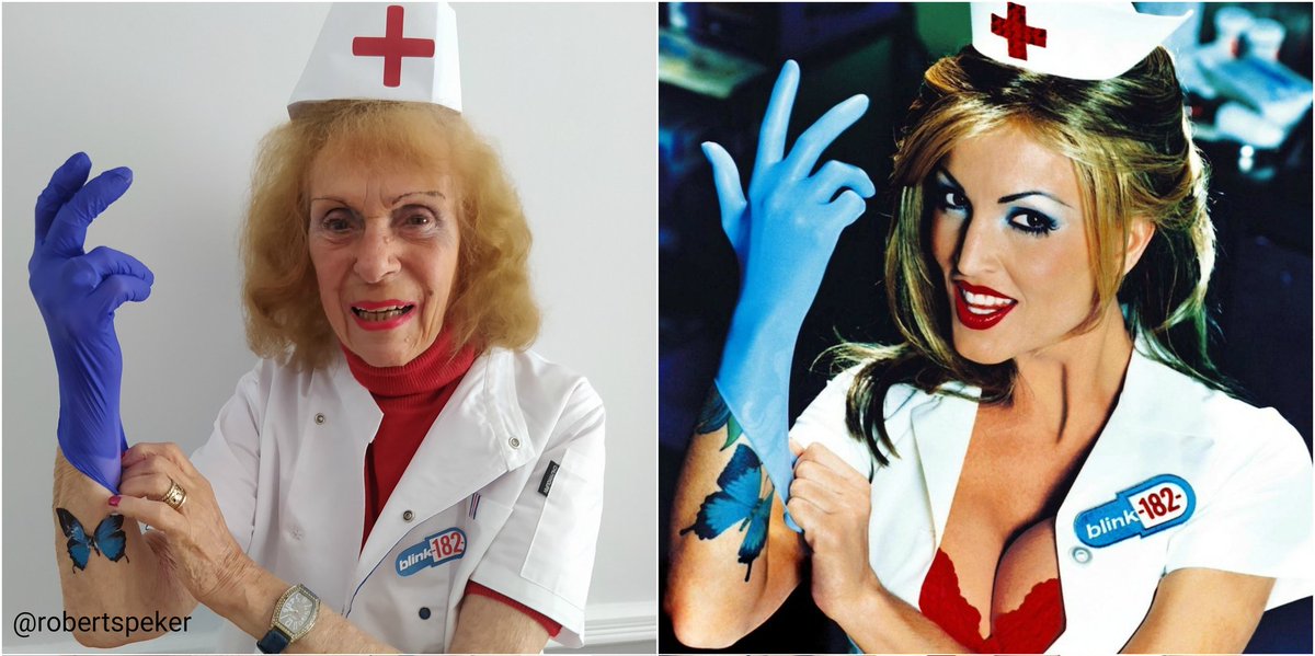 Happy #NationalAlbumDay. Here's 97 year old Hilda recreating @blink182 Enema of the State. @AlbumDayUK #AllTheSmallThings #carehomealbumcovers #90smusic carehomealbumcovers.com @CareHomeAlbums