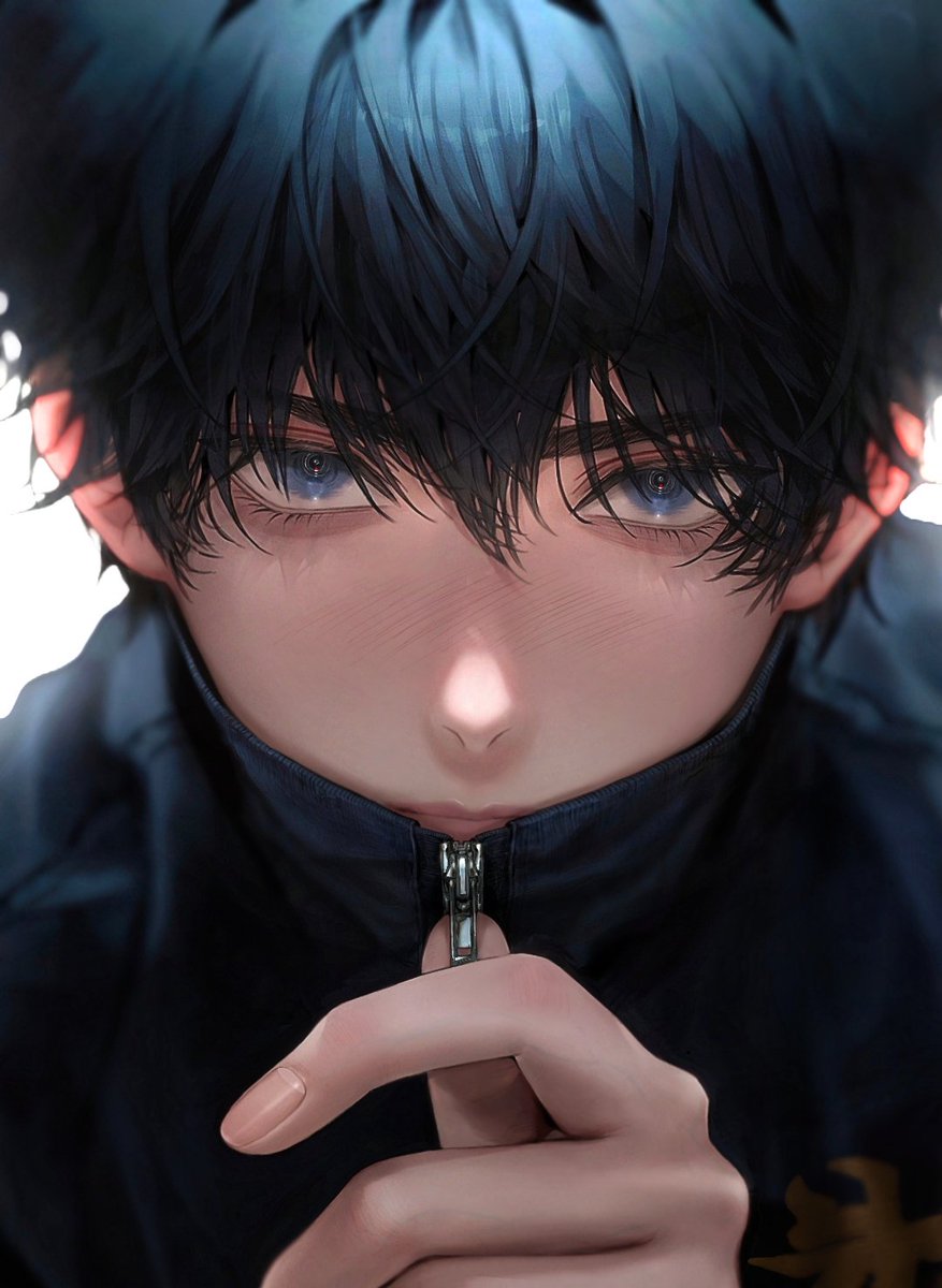 1boy male focus black hair solo blue eyes looking at viewer blush  illustration images