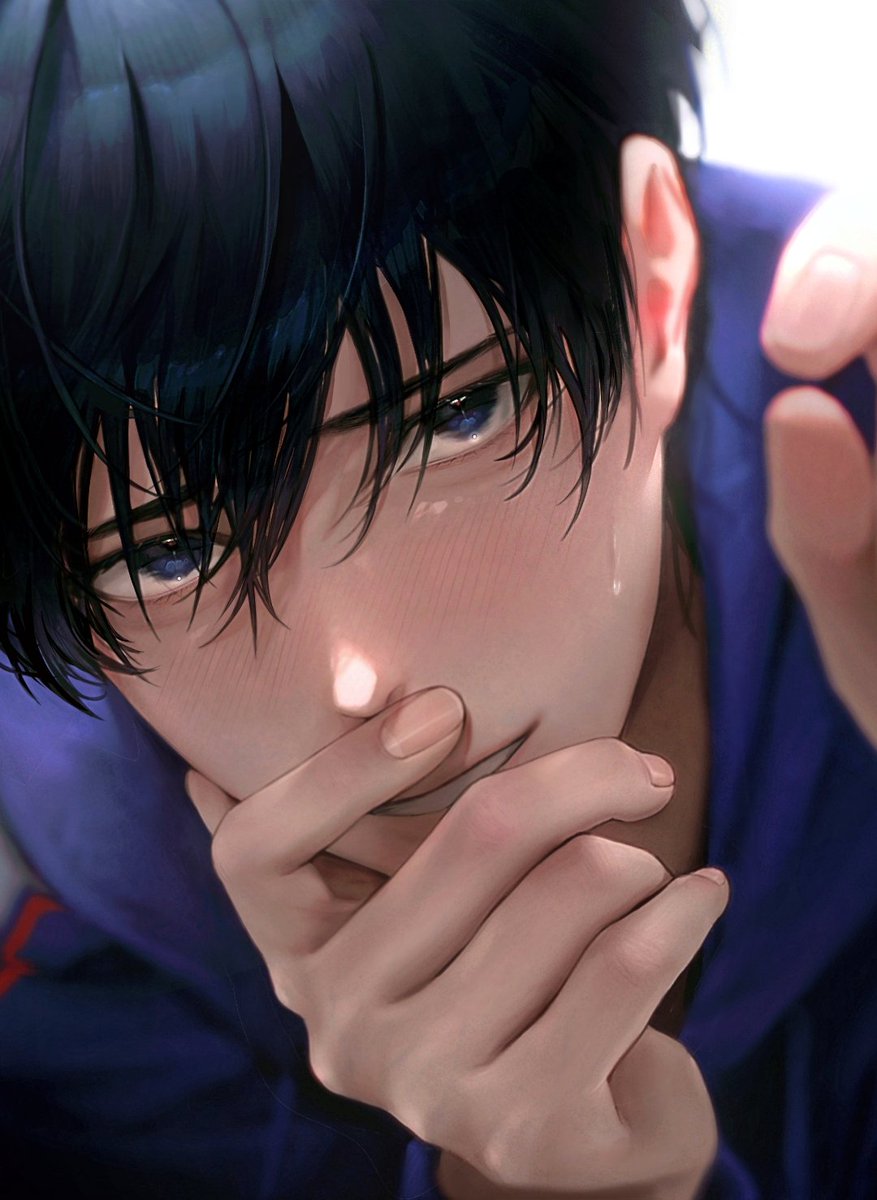 1boy male focus black hair solo blue eyes looking at viewer blush  illustration images