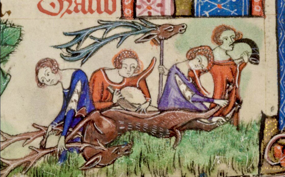 a group of women butchering a stag, england, 14th century