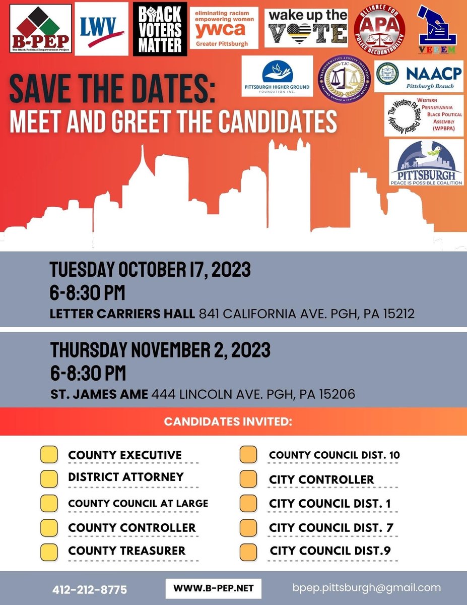 CEIRPittsburgh's tweet photo. Meet and Greet candidates for key races in Allegheny County - Tue 10/17, 6:00pm and Thu 11/2, 6:00pm. See flyer for locations! #Vote https://t.co/kTmSBIvsx4
