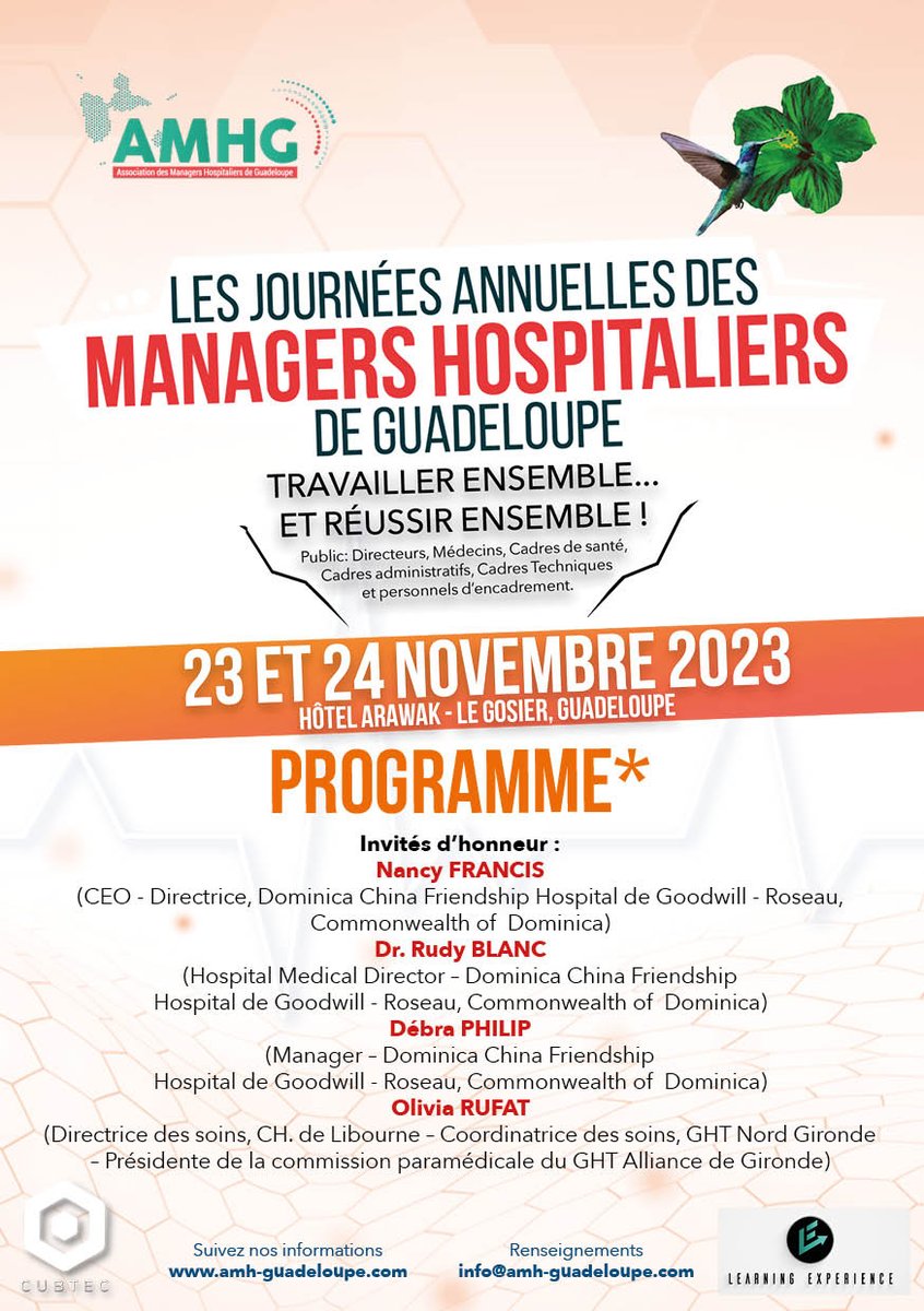 📍 JOURNÉES ANNUELLES DES MANAGERS HOSPITALIERS DE GUADELOUPE (JAMHG).

📍 23 ET 24 NOVEMBRE 2023, HÔTEL ARAWAK, LE GOSIER. 

Renseignements/inscriptions : info@amh-guadeloupe.com

<a href="/ch_chbt/">CHBT</a> <a href="/Chu_Gpe/">CHU DE LA GUADELOUPE</a> <a href="/CHUM972/">CHU de Martinique</a> <a href="/chog973/">CHU Guyane - Site de Saint-Laurent du Maroni</a> <a href="/CHCayenne973/">CHCayenne</a> <a href="/ars_guadeloupe/">ARS Guadeloupe, Saint-Martin et Saint-Barthélemy</a> <a href="/ars_guyane/">ARS GUYANE</a> <a href="/ArsMartinique/">@ARS_Martinique</a>