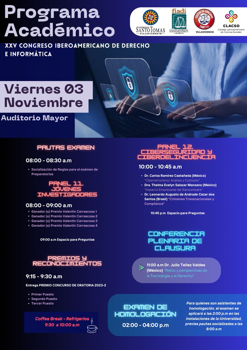 Programa del XXV Congreso Iberoamericano de Derecho e Informática en la <a href="/SantotoVillavo/">Universidad Santo Tomás Villavicencio</a> Villavicencio – Colombia. 1, 2 y 3 de noviembre de 2023  Más información en fiadi.org/congreso2023/ 

#fiadi #derechoinformático #itlaw #inteligenciaartificial #ia