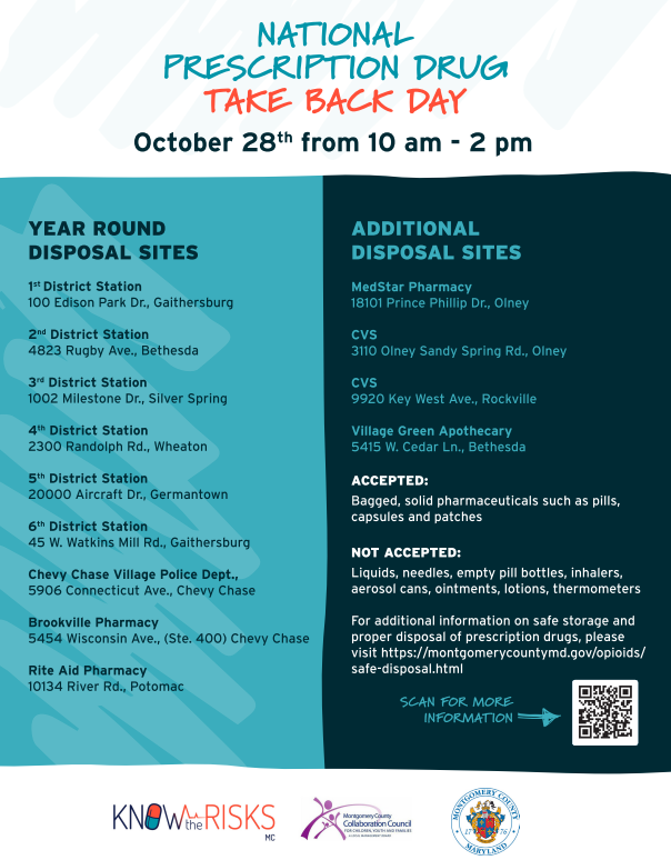 Coming up in two weeks...National Prescription Drug Take Back Day. For locations of disposal sites, see the flier below ⬇️

<a href="/MoCoCouncilMD/">Montgomery Council</a> <a href="/MontCoExec/">Montgomery County, MD - County Exec Marc Elrich</a> <a href="/mcmdcao/">Montgomery County, MD CAO</a>