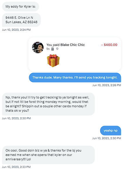 BTFU529's tweet photo. @BlakeGyrl Hey Blake! Just wondering if you ever got that Kyler Murray rookie auto that your boyfriend Ryan stole from me. He said it was an anniversary present for you. https://t.co/qTGY65pcBR