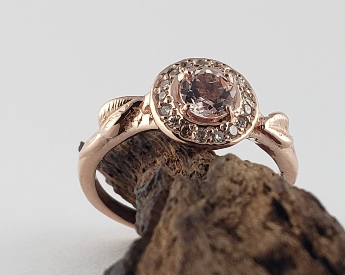 Natural Pink Morganite Princess Ring with Halo of Diamonds in 14k Rose Gold by Dawn Vertrees etsy.me/3RQV9Rm
 #EngagementRing #HaloRing