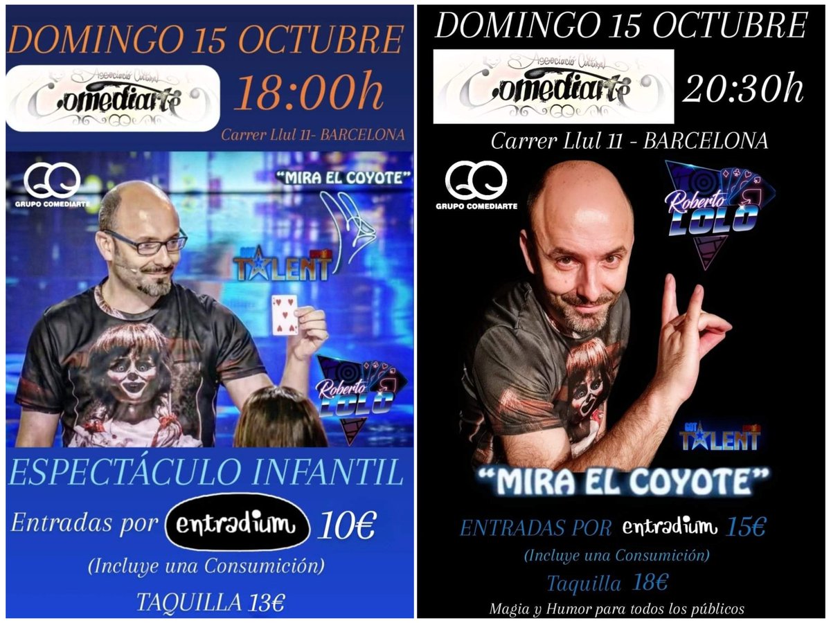 BARCELONA, Domingo 15 de Octubre, estoy con vosotros.
Dos pases Infantil y Familiar.
18:00h y 20:30h.
En la SALA COMEDIARTE (Carrer Llull 11)
<a href="/grupocomediarte/">comediarte</a>