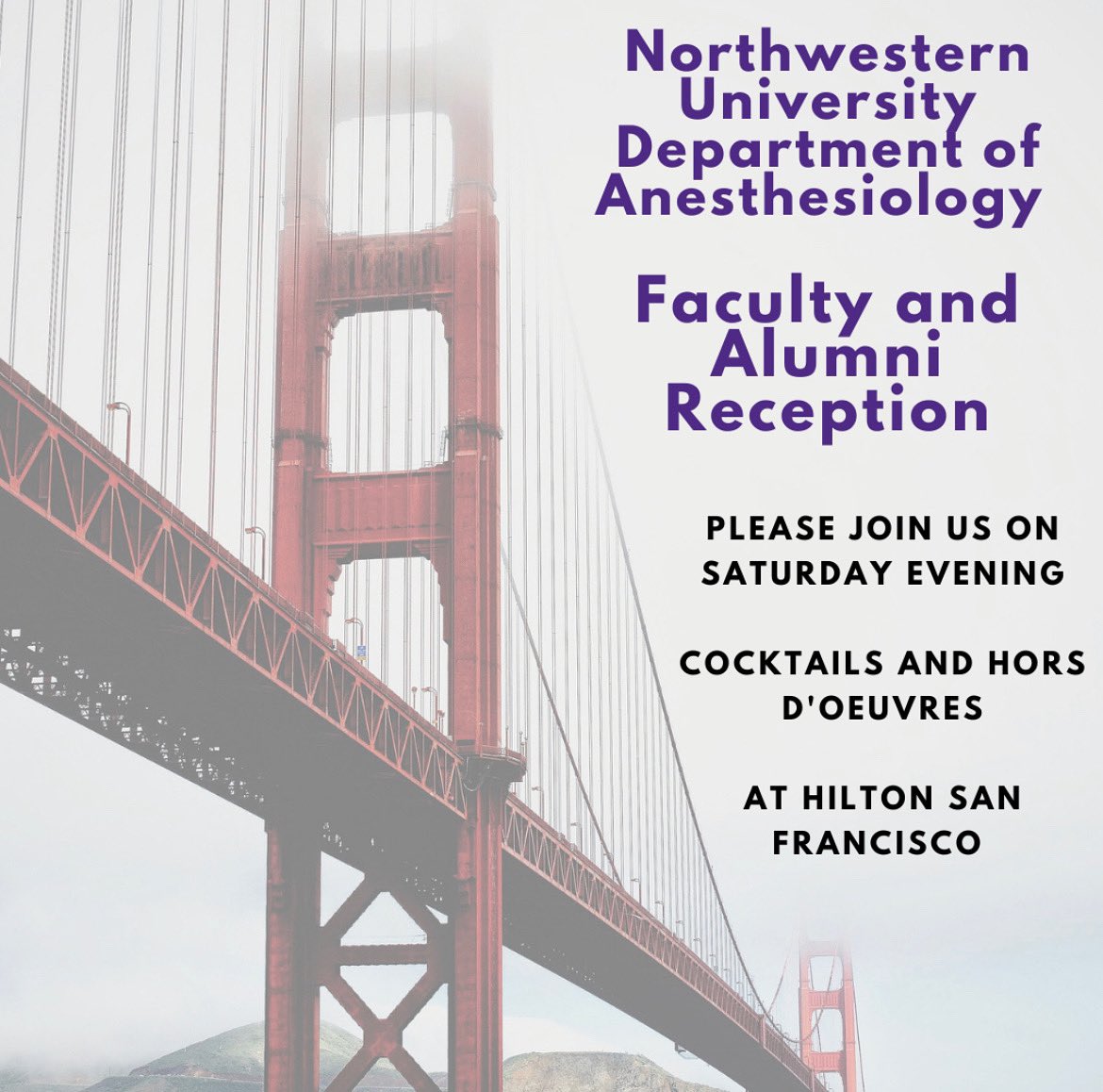 We are excited to see our alumni at #ANES23 in San Francisco this Weekend! Please join us! • Hilton San Francisco: Golden Gate 7 7:00 PM - 9:00 PM Saturday, Ocotber 14 @nuanesthesiares @asa_ha @northwesternmedicine @nmanesthesiacritcare @NMCTAnes