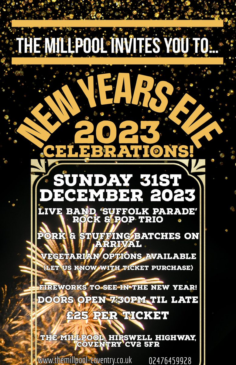 🎉Spend New Years with The Millpool! 🎉Tickets available sometime this week, any questions or  don’t be afraid to ask us! 
Visit us on Hipswell Highway, CV2 5FR. 
-
-
-
-
#newyear #newyears #newyearseve2023 #themillpool #themillpoolcoventry #millpool #coventry