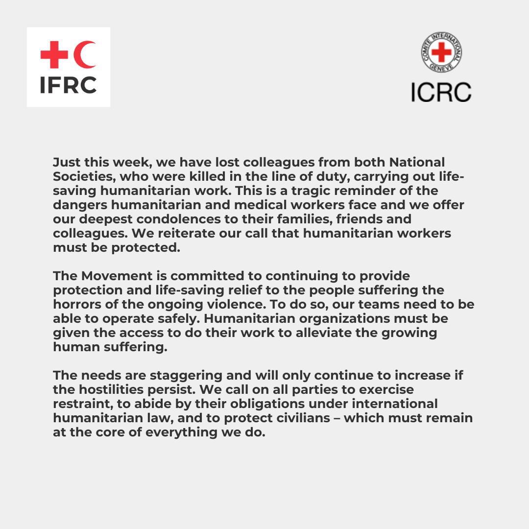 The International Red Cross &amp; Red Crescent Movement is appalled to see the human misery that has unfolded in Israel &amp; Gaza.

We are deeply alarmed by the call for relocation in Gaza.

We call on all parties to respect international humanitarian law and to protect civilians.
