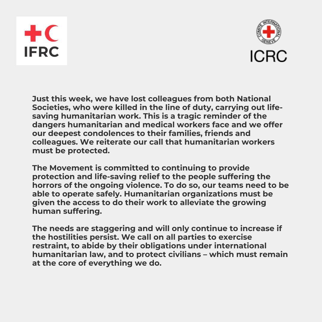 The International Red Cross & Red Crescent Movement is appalled to see the human misery that has unfolded in Israel & Gaza. We are deeply alarmed by the call for relocation in Gaza. We call on all parties to respect international humanitarian law and to protect civilians.