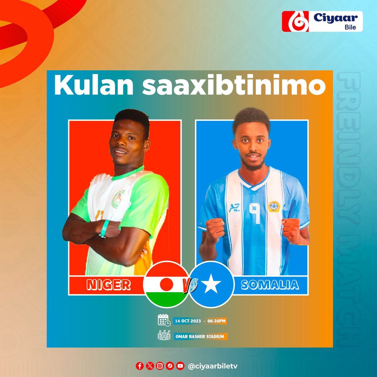ciyaarbiletv's tweet photo. Qarankeena Soomaaliya ayaa maanta wajahaayo xulka qaranka Niger kulan saaxiibtinimo.

#Somalia #Ciyaarbile #BileMedia https://t.co/QlRmRL5YI4