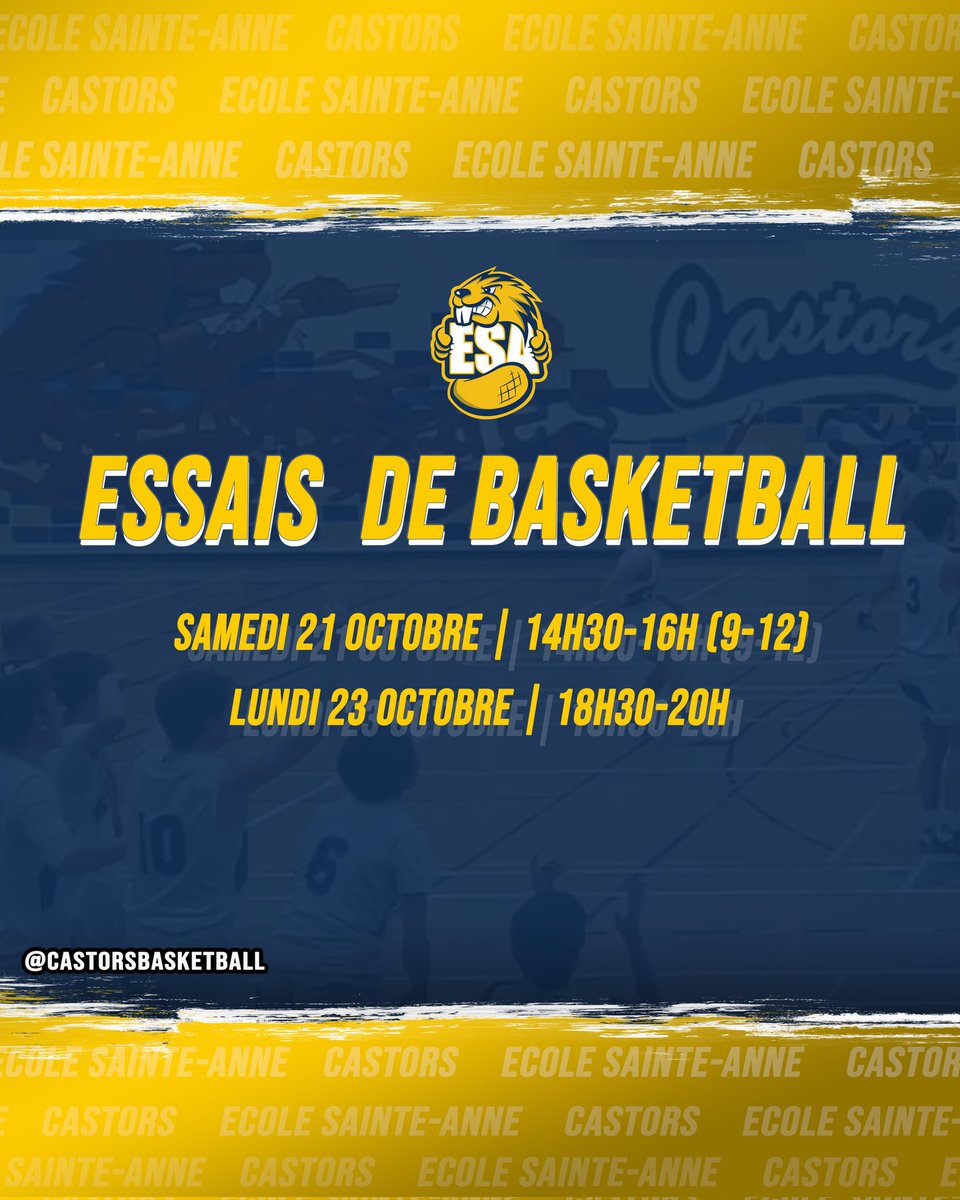👀 Ca commencent dans une semaine!!

Voici les dates et heures pour les essais de l'équipe senior masculine.

L'essai de samedi est pour les élèves de grade 9-12.
#gocastors