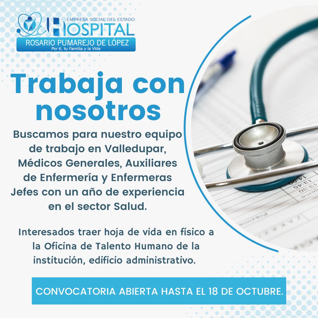 ESEHospitalRos1's tweet photo. #Empleosíhay | Buscamos para nuestro equipo de trabajo en Valledupar, Enfermeros Jefes, Auxiliares de Enfermería y Médicos Generales.
#salud #medicogeneral #auxiliardeenfermeria #enfermerosjefes https://t.co/euyylX3vJP