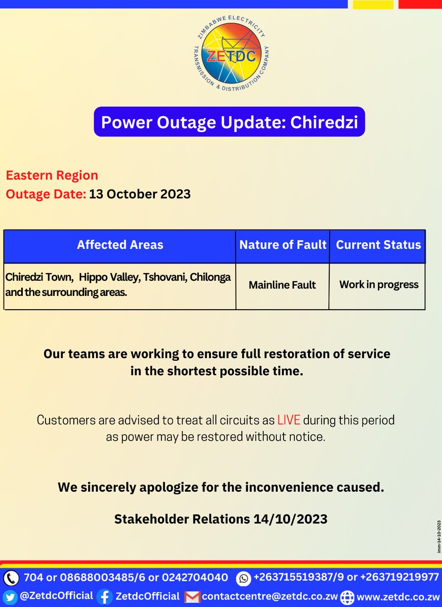 AsterXe_dex's tweet photo. #PowerOutageUpdate
#EasternRegion #Chiredzi #Renco
Clients in the mentioned areas kindly take note. https://t.co/A6FeaXONht