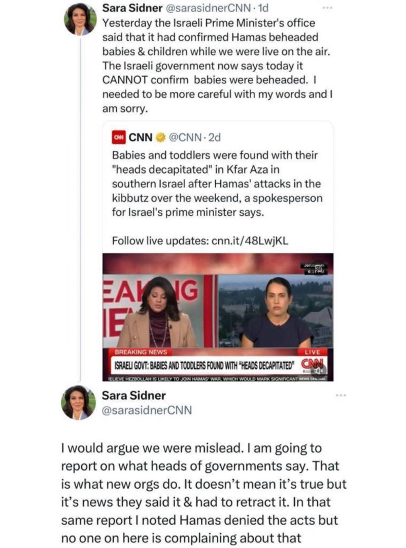 jacksonhinkle's tweet photo. 🇮🇱🇵🇸 CNN reporter @sarasidnerCNN admits to FALSELY reporting that Hamas beheaded Israeli babies and toddlers. https://t.co/Cc0hxx3BQ2