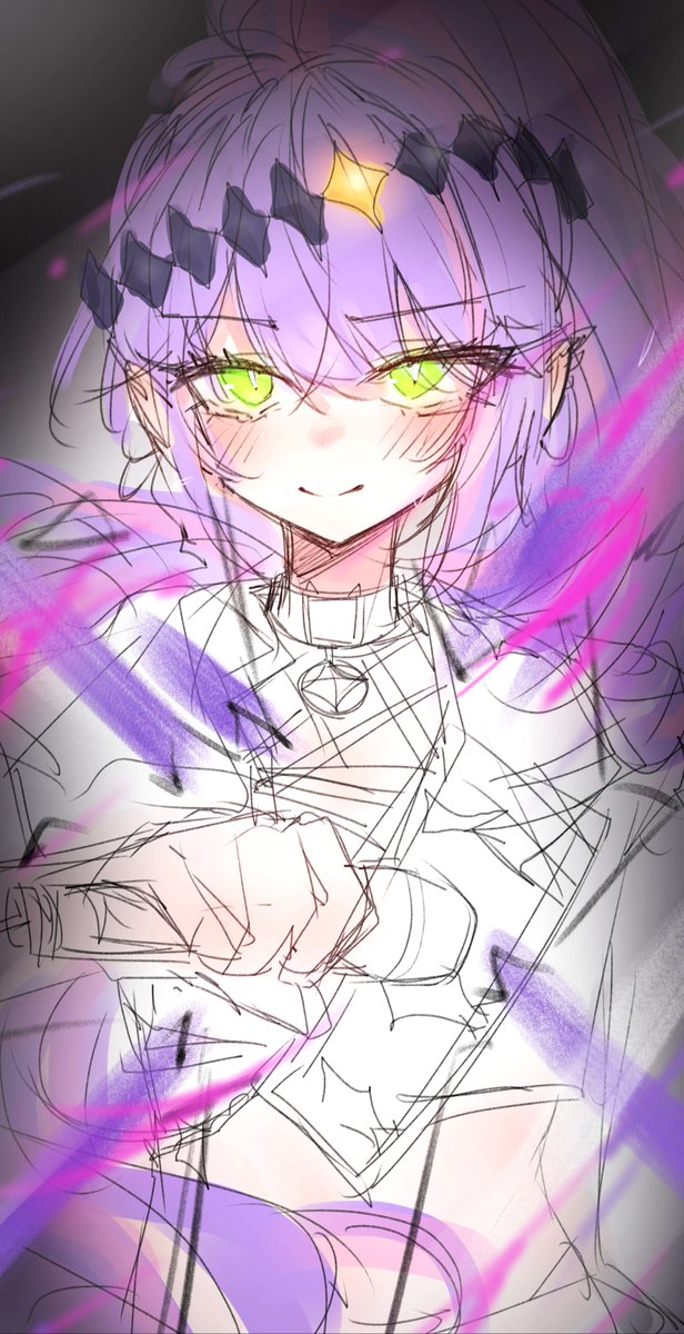 tokoyami towa 1girl sketch green eyes solo smile purple hair blush  illustration images