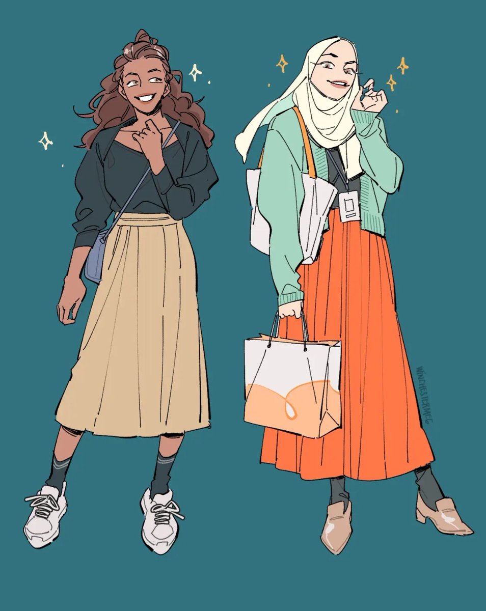 2girls skirt multiple girls bag long skirt orange skirt dark-skinned female  illustration images