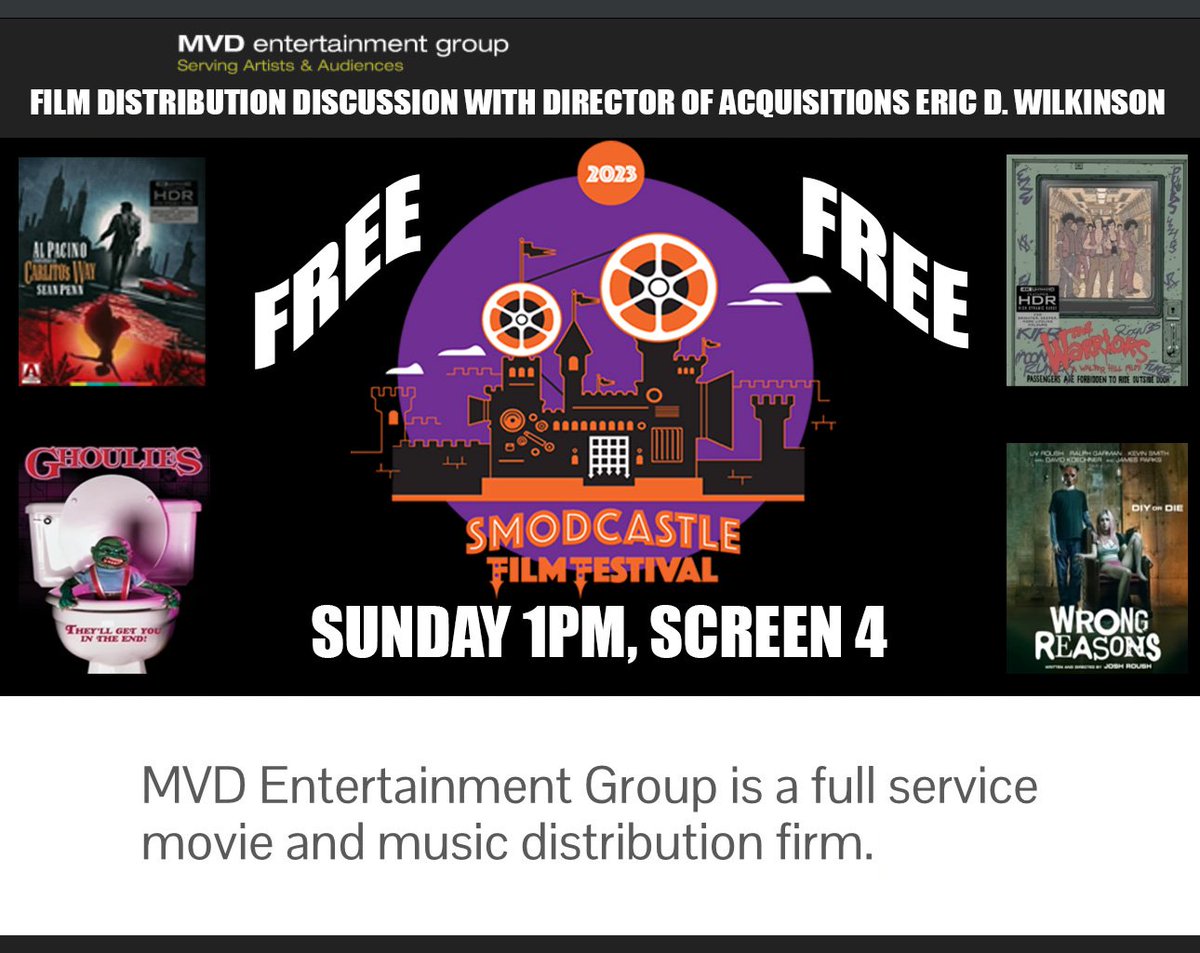 Join us on Sunday, October 15, at 1 pm at Smodcastle Cinemas for a FREE film distribution discussion with MVD Entertainment Group's director of acquisitions, Eric D. Wilkinson @indeeproducer