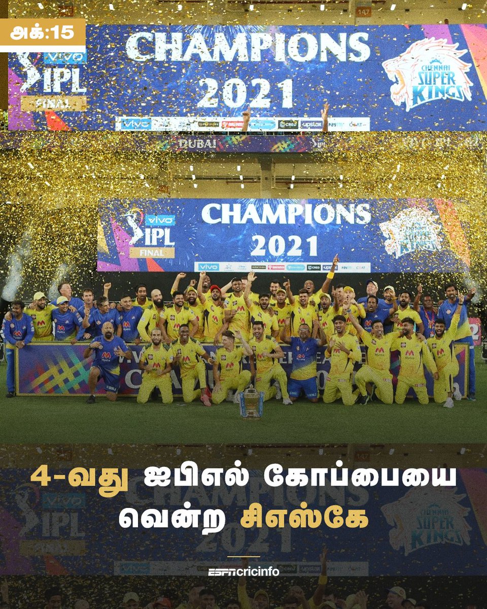 4-வது ஐபிஎல் கோப்பையை வென்ற சிஎஸ்கே! 🦁💛⚡ 

#CSKvKKR #ChennaiSuperKings #IPL2021 #MSDhoni #IPLChampions #IPLFinals #cricket #OnThisDay #ESPNcricinfotamil