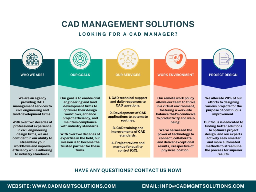 CadMTsolutions's tweet image. Our Services Includes: 
1. CAD technical support and daily responses to CAD questions.
2. Development of CAD applications to automate routines.
3. CAD training and improvements of CAD standards.
4. Project review and markup for quality control (QC).