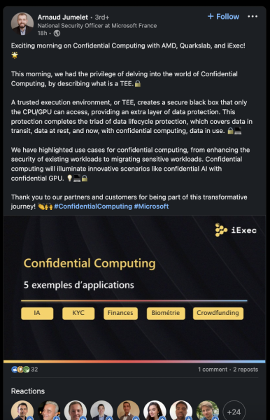 Amazing recognition from  @Microsoft Azure team members at Confidential Campus event about @iEx_ec 's Marketplace! 

TEE protection hype is on the horizon . 
You are the one choosing how to protect your data !

$RLC #Web3 #Intel #TEE #SGX #AMD #ConfidentialComputing