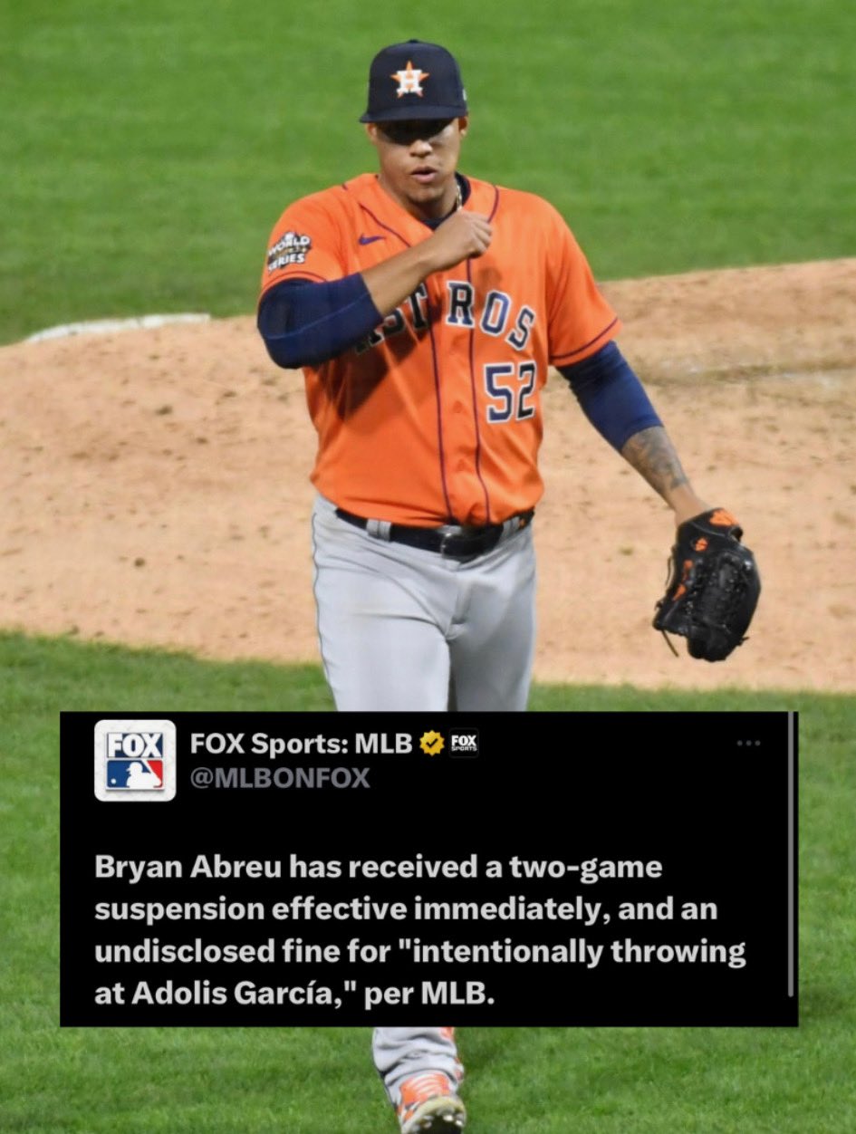 Just Baseball on X: Bryan Abreu has been suspended two games for  intentionally throwing at Adolis Garcia… He's likely to appeal but the  appeal process would be done quickly which makes it