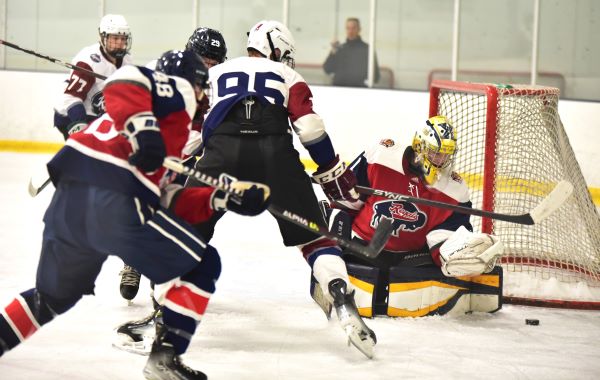 A Regal Beast U18 Quarterfinal between #2 Avon and #7 Buffalo. Game was scoreless at the half. Buffalo goalie Cole Pouliot-Porter was solid, here stuffing Avon's Ty Creech.
<a href="/HNIBonline/">Hockey Night</a> <a href="/18u16uRegals/">REGALS 16/18u</a>