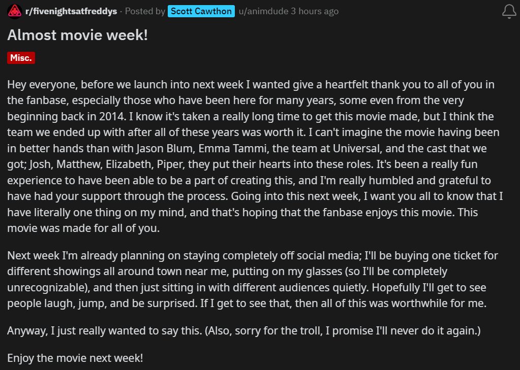 JonnyBlox's tweet image. Scott Cawthon makes a new Reddit post celebrating the release of Blumhouse's upcoming ‘FIVE NIGHTS AT FREDDY'S’ movie after so many years of development!

(Link: reddit.com/r/fivenightsat…)
#fnaf #fnafmovie #fivenightsatfreddys